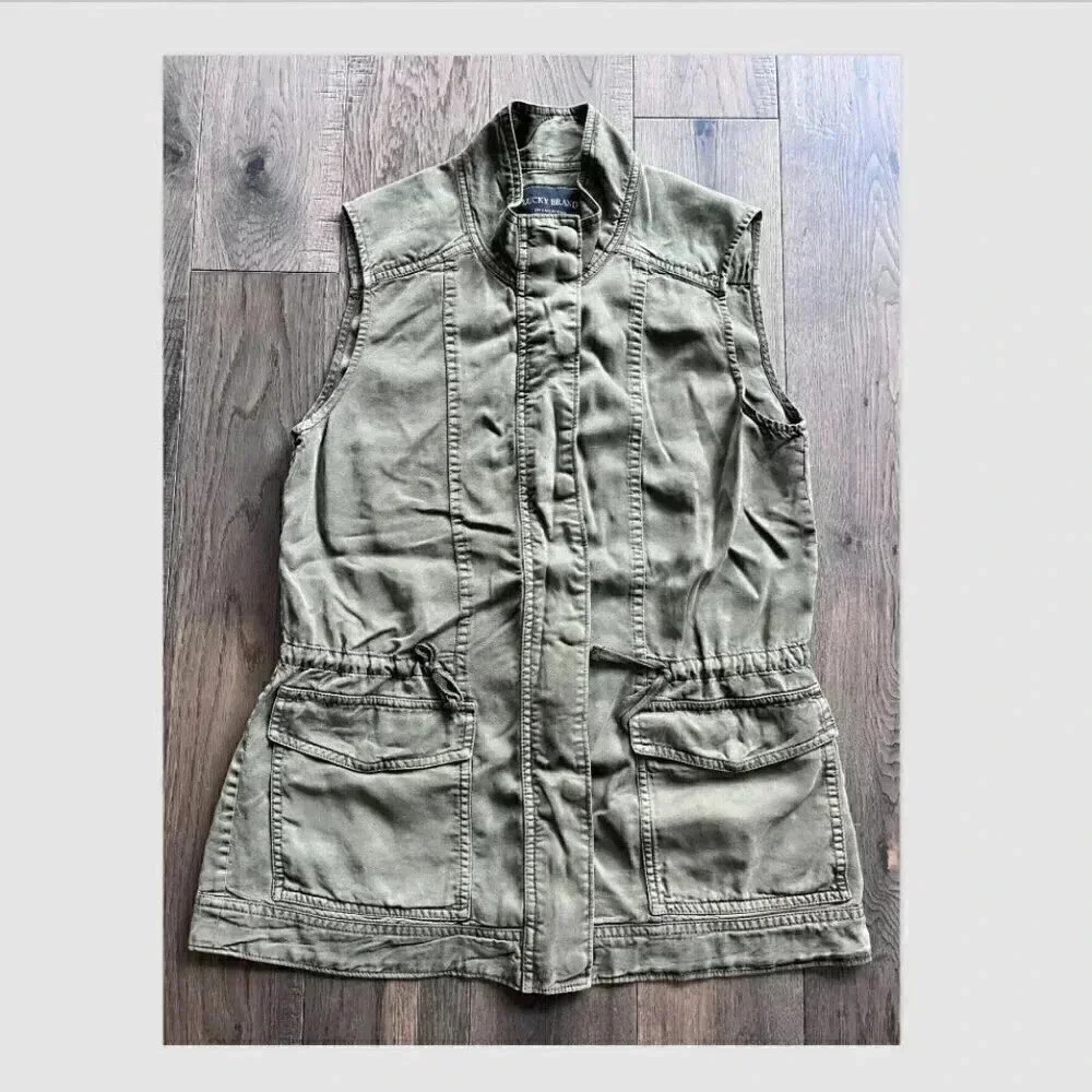 Lucky Brand Cargo Vest Size XS Olive Green Khaki Utility Cinched Waist Zip Up